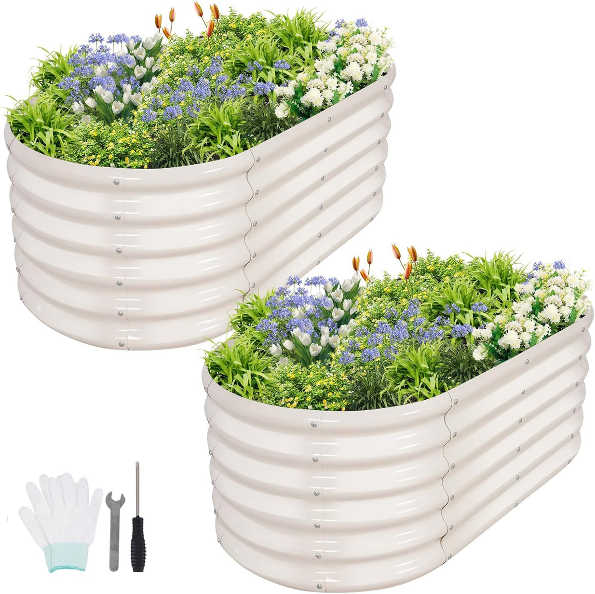 Galvanized Raised Garden Bed Outdoor- 2 Pcs Raised Beds for Gardening| Metal Planter Box, Steel Raised Garden Bed Kit with Gloves for Vegetables, Flower, Herbs (4x2x1.4FT, White)