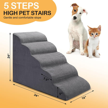 Dog Stairs for Bed, 5 Tier Dog Steps for Couch and High Bed, Non-Slip Pet Stairs, 24" High Sofa Foam Ramp - Best for Small Pets, Older Cats with Joint Pain