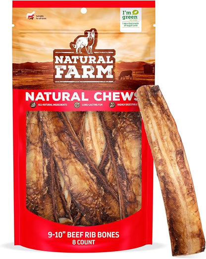 Natural Farm Rib Bones for Dogs (9-10 Inch, 8 Pack) - Beef Ribs, Farm-Raised Cattle - Slow-Roasted Flavor Treats, Promotes Dental Health, Great for Medium and Large Dogs