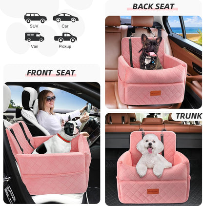 Dog Car Seat for Small Medium Dogs, Memory Foam Puppy Dog Booster Seat with Thick Cushion for Dogs Under 35lbs, Detachable Washable Pet Car Seat Travel Bed with Storage Pockets,2 Safety Belts