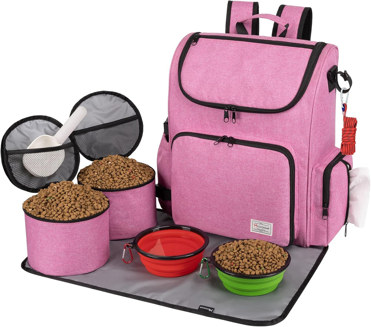 Modoker Dog Travel Bag Backpack, Airline Approved Pet Accessories Organizer for Dog and Cat with Shoulder Strap, 2 Dog Food Storage Containers, 2 Collapsible Dog Bowls,1 Pet Mat, Pink