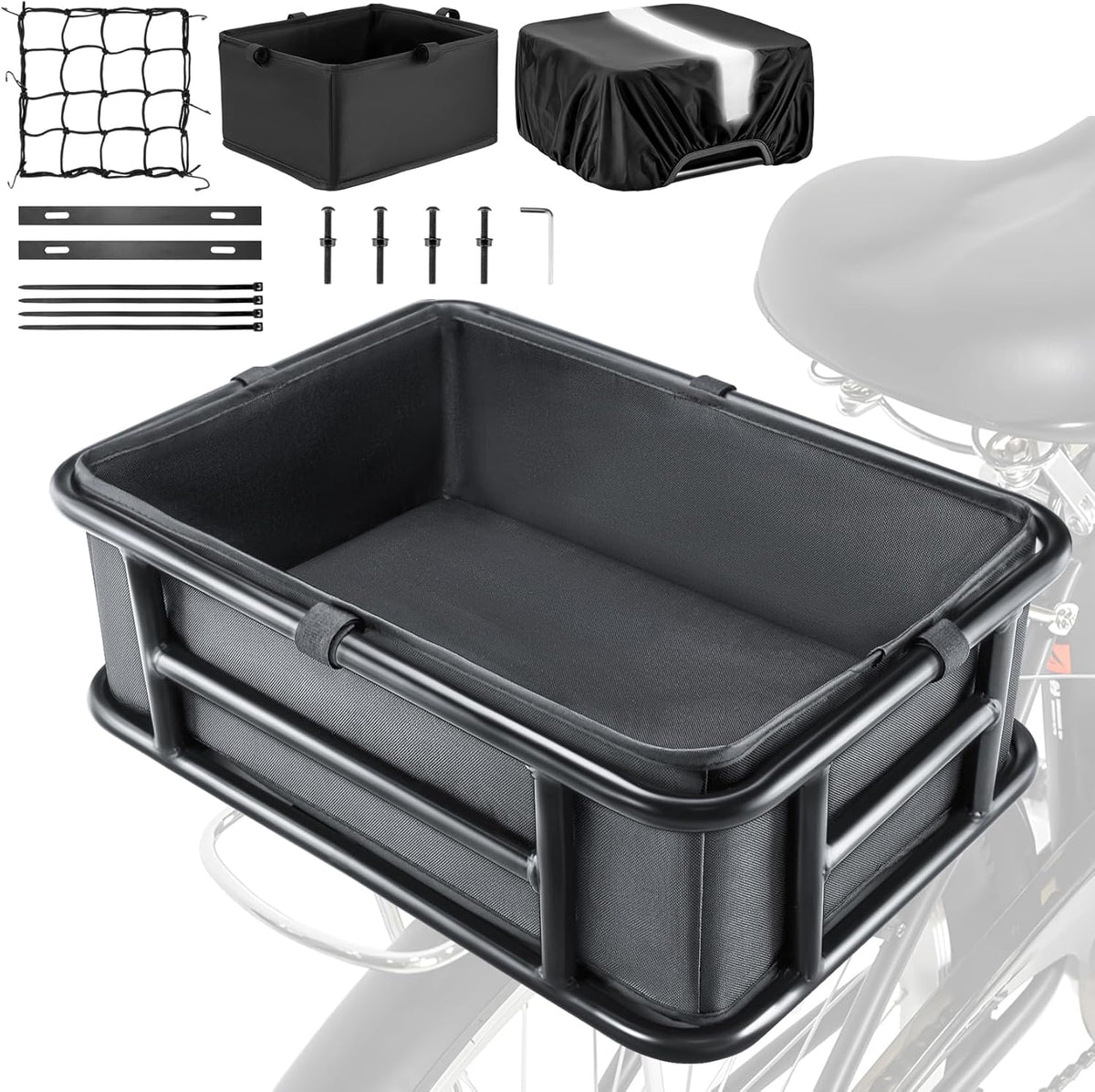 Bike Basket Rear with Liner,Waterproof Cover,Cargo Net Large Rear Bike Basket,Heavy Duty Bicycle Rear Basket for Electric Bike, Ebike,Great for Bike Trip,Carrying Grocery,Ball,Dog