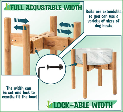 Dog Bowl Stand for Large Dogs - Raises Feeders and Bowls to 12-inch High, Expandable Sideways, Compatible to Various Sizes of Slow Feeders, Water Dishes and Fountains - Bamboo