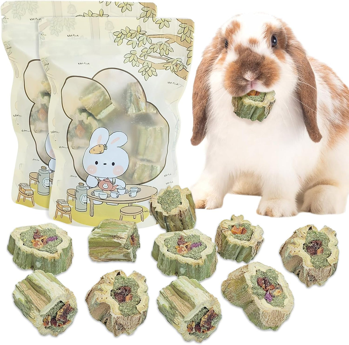 Fhiny Rabbit Chew Toys Natural Baked Papaya Wood Bunny Molar Treats Contain Alfalfa Grass Apple Carrot and Purple Sweet Potato Filling for Hamsters Guinea Pigs Chinchillas Teeth Grinding(0.44 lb)