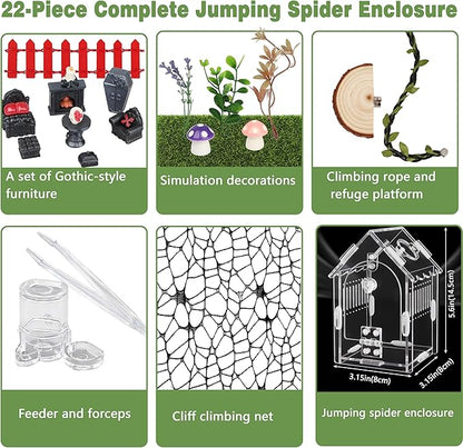 Jumping Spider Enclosure Kit, 22-Piece Acrylic Terrarium with Gothic Furniture & Magnetic Feeding Door, Clear 360 View Small Spider Habitat for Tarantula Mantis Beetle Scorpion