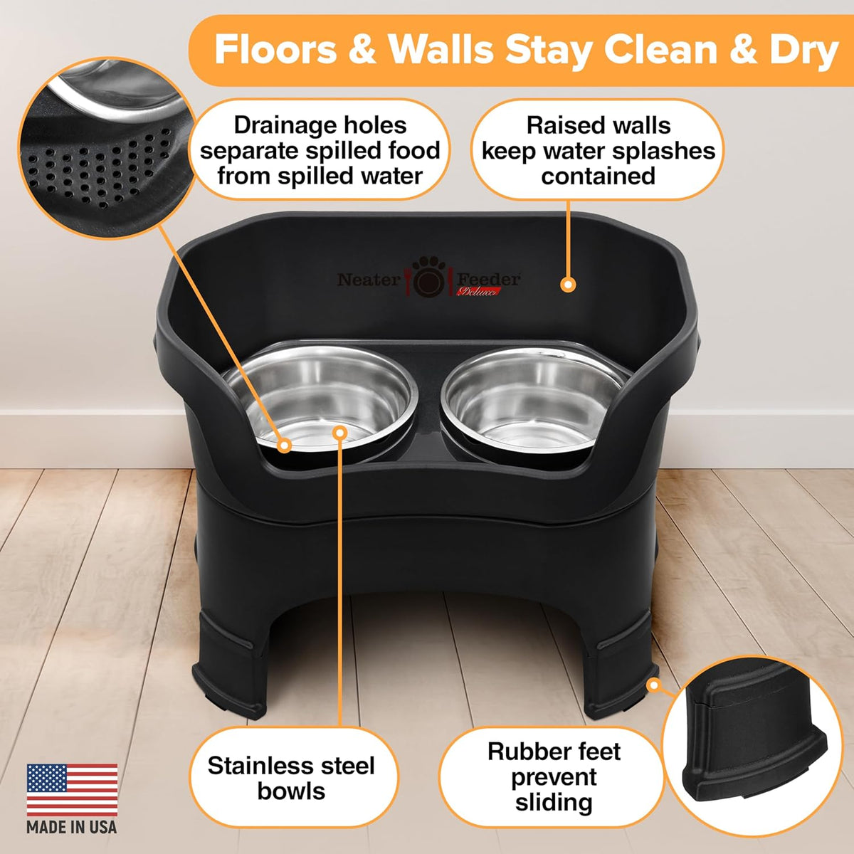 Neater Feeder Deluxe Mess Proof Dog Bowls Elevated for Large Dogs – Made in USA – No Spill Raised Dog Food Bowl Stand w/Leg Extensions – Stainless Steel Dog Food and Water Bowl Set – Black