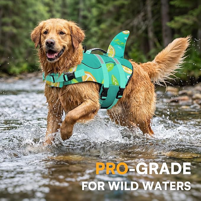 Dog Life Jacket,Dog Life Vest for Swimming,Dog Shark Life Jacket with Rescue Handle,Adjustable Reflective Dog Life Preserver for Extra Large Dog,Green Print 2XL