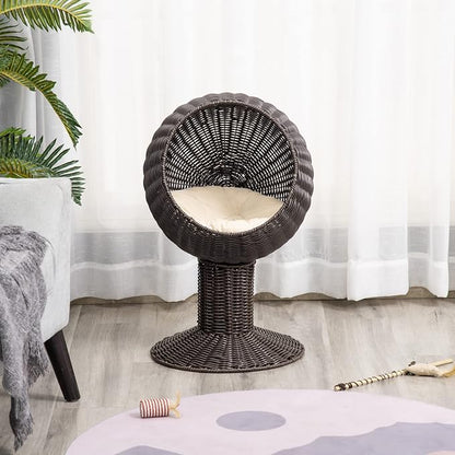 PawHut Elevated Cat Bed with Rotatable Egg Chair Pod, Cat Basket Bed with Thick Cushion, Natural Mat Grass Woven Kitty House, Coffee | Cat Basket Bed, Natural Mat Grass Woven Kitty House