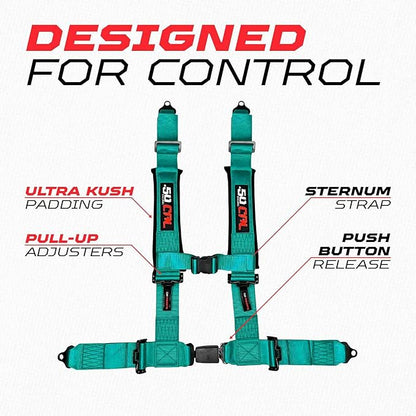 1pc 50 Cal Teal 4 Point Harness 2" Straps, Racing Harness Seat Belt | Ultra Kush padding, Push Button quick release hardware. Universal Fit for UTV, RZR, race car.