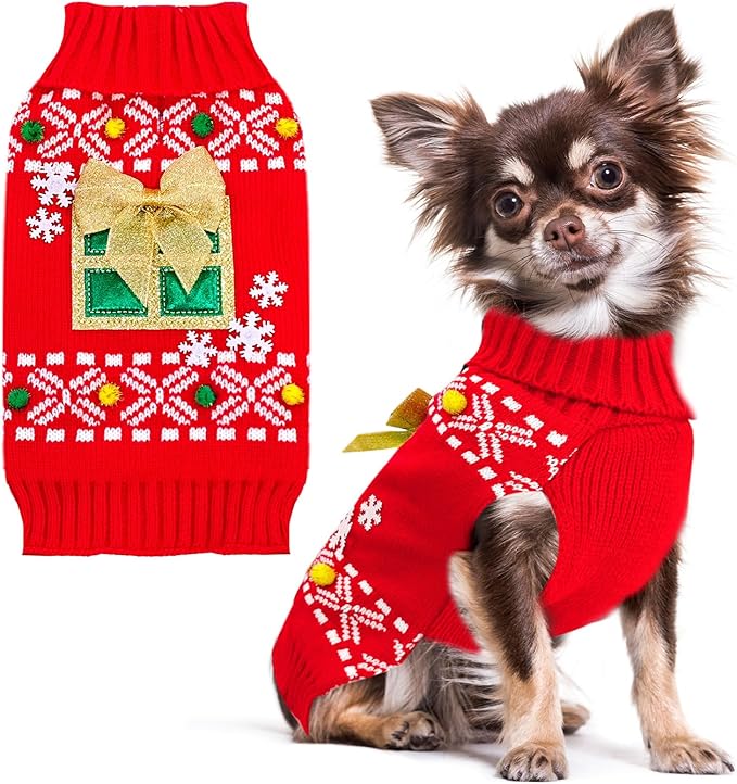 PETCARE Dog Christmas Sweater Clothes Cute Red Present Snowflake Xmas Dogs Costume Warm Knitted Puppy Sweaters Vest Christmas Dog Clothes Outfit for Small Medium Large Dogs Cats Pet Pullover