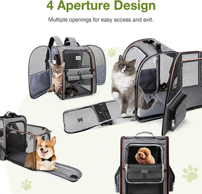 Cat Carrier Backpack, Expandable Pet Carrier with Sun Shade & Full Front Opening, Breathable Mesh Backpack for Small Dogs & Medium Cats Up to 18 Lbs, Foldable for Hiking, Camping (Grey)