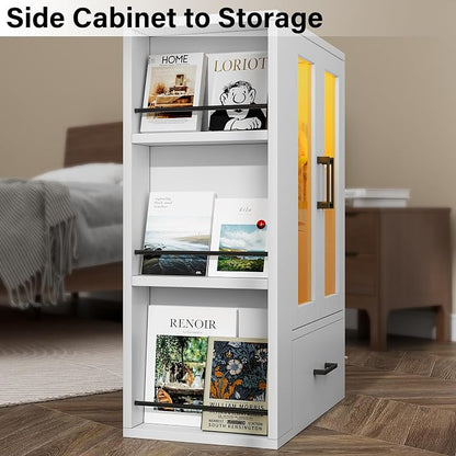 kepptory Pet Wardrobe Closet with LED Light, Side Storage Shelves & Drawer, White Pet Clothes Organizer Cabinet with Hanging Rod, Multi-Functional Pet Closet for Dogs & Cats Clothing, Toys