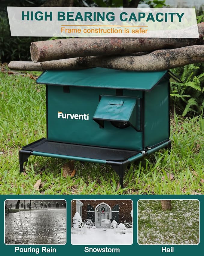Heated Cat House for Outside,More Platform Space,Extremely Weatherproof & Insulated in Winter,Elevated Outdoor Cat Shelter with Eaves & Escape Door for Barn Feral Stray Cat(Dark Green,Large)