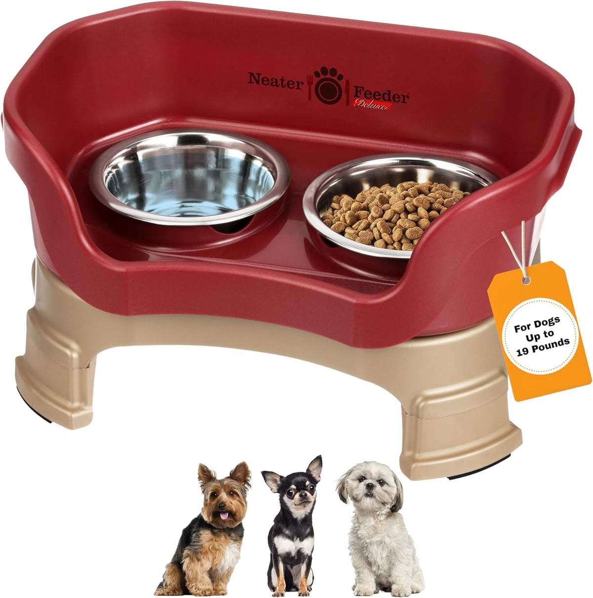Neater Feeder Deluxe Mess Proof Dog Bowls Elevated for Small Breeds – Made in USA – No Spill Raised Dog Food Bowl Stand w/Leg Extensions – Stainless Steel Dog Food and Water Bowl Set – Red