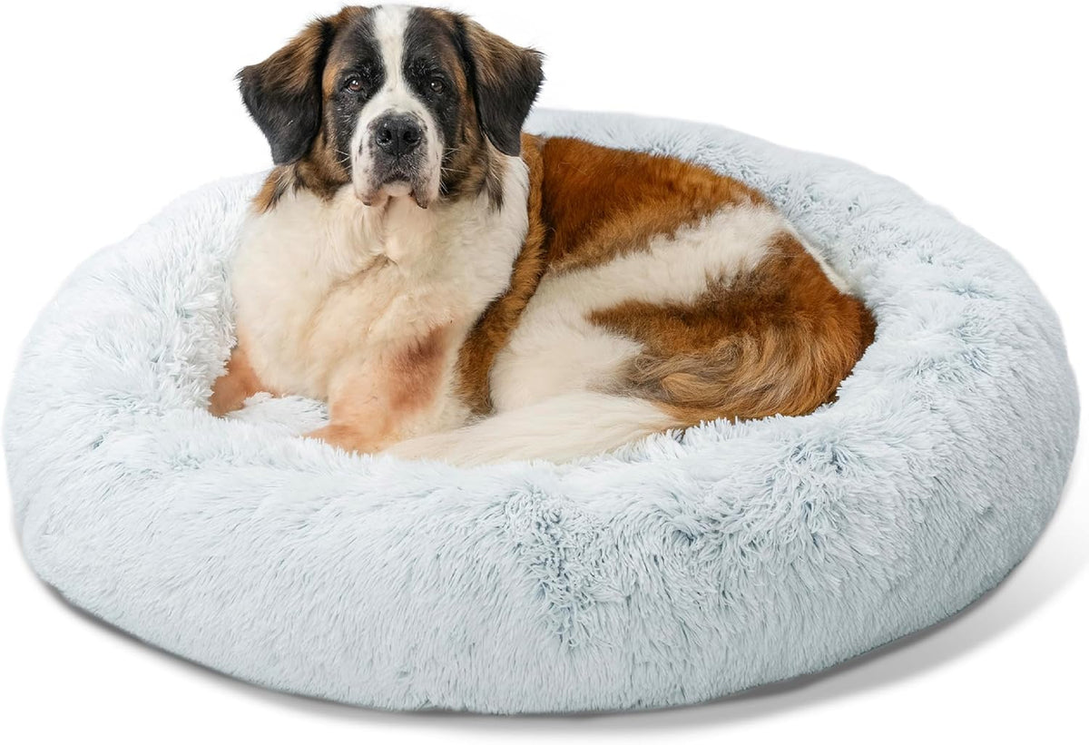 Best Friends by Sheri Original Calming Donut Dog and Cat Bed, Shag Faux Fur, Frost Gray, XL (45in x 45in) - Anxiety Relief for Pets Up to 150 lbs