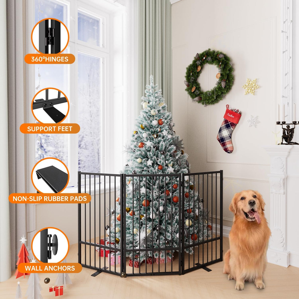 Full Metal Freestanding Dog Gate with Door, 36''Height Foldable Pet Dog Fence for Indoor & Outdoor, 3 Panels Extra Wide Free Standing TallDog Gates for Doorways,House,Stairs,Porch,Deck,Yard
