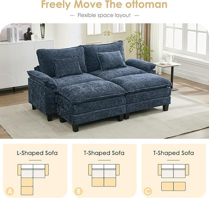 URRED Cloud Couch Modular Sectional Sofa, 87" Modern Loveseat Sofa with 2 Ottomans & Pillows, Ultra Comfy Chenille Couches for Living Room, Bedroom or Apartment, Blue