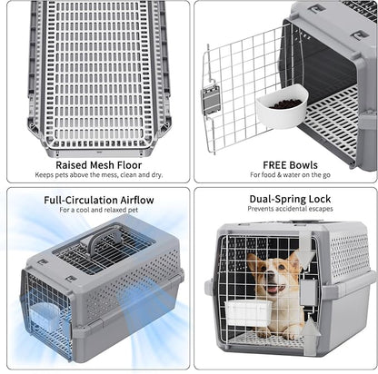 RIZZARI Large Pet Carrier with Wheels, Hard-Sided Rolling Dog and Cat Carrier Up to 25 Lbs, Top Access Travel Crate with Pull Strap, Metal Wire Door, Elevated Floor, Feeding Bowl and Ventilated Design
