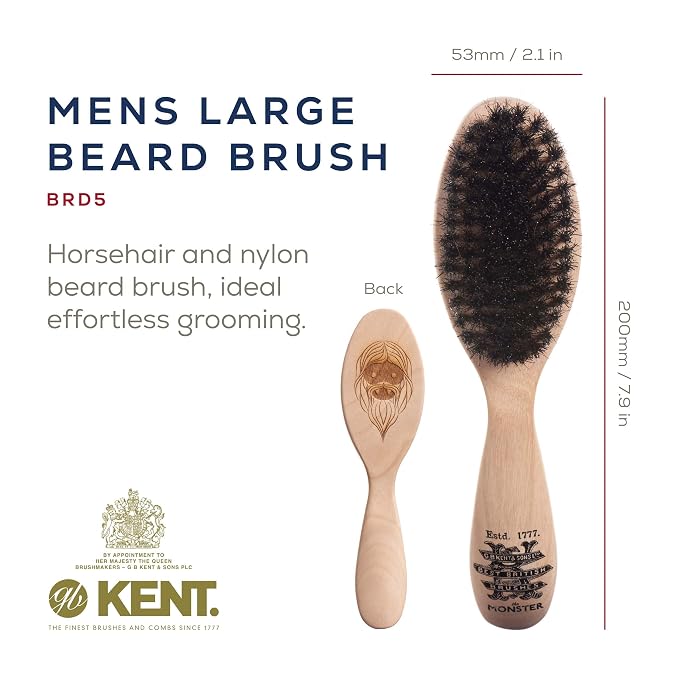 Kent BRD5 Men's Beard and Mustache Brush - Hand-Mixed Horsehair and Nylon Blend for Flawless Shaping and Grooming, Ergonomic Pistol-Like Grip Wood Handle, Dry or Wet Beard, Distributes Oils/Balms