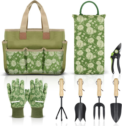 Colwelt Garden Tools Set, 8 Piece, Heavy Duty Gardening Tools with Wooden Handle, Including Garden Tote, Kneeling Pad, Gloves, Pruner, Trowel, Tulip Trowel, Cultivator - Gardening Gifts for Women Men