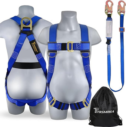 TRSMIMA Safety Harness Fall Protection - Safety Harness for Construction | Men Roofing Full Body Construction Harness Lanyard Kit Men Fall Arrest Work Tree Climbing Roofer D-ring ANSI
