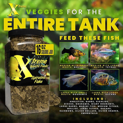 Xtreme Spirulina Flakes - Balanced Herbivorous Diet for Tropical and Marine Fish, Enhanced Health, Vibrant Colors - USA Farm Grown - Ideal for Cichlids, Barbs, Tetras and Guppies (16oz)