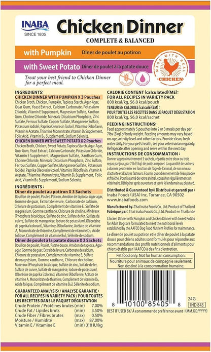 INABA Chicken Dinner for Dogs, Soft Pate Wet Dog Food, Complete & Balanced, 2.4 oz. Pouch, 15 Pouches, Pumpkin & Sweet Potato Variety