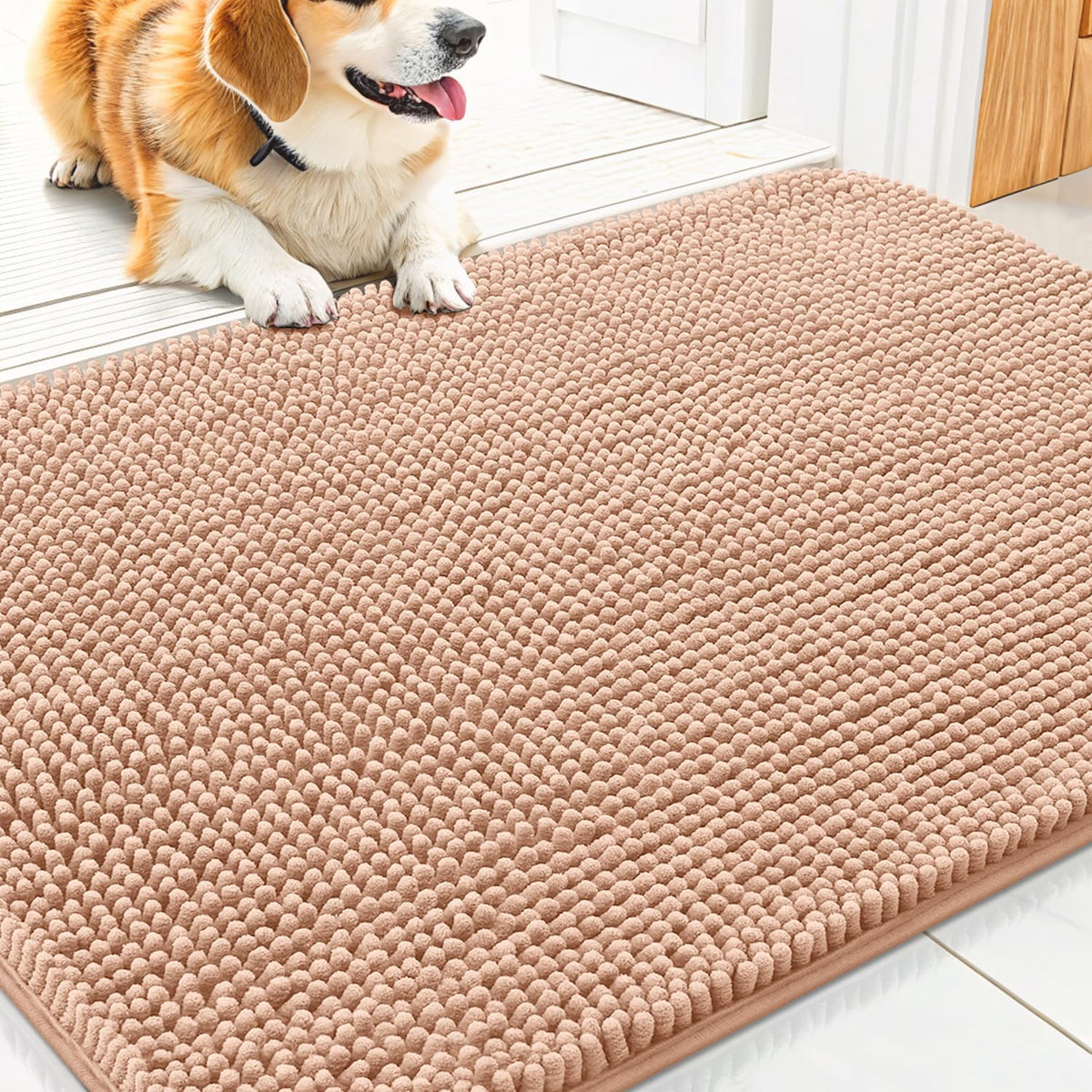 Smiry Dog Door Mat for Muddy Paws 30x20, Absorbs Moisture and Dirt Doormat, Non-Slip Washable Quick Dry Chenille Front Door Mat Indoor Entrance, Entryway Carpet for Inside Floor, Peach