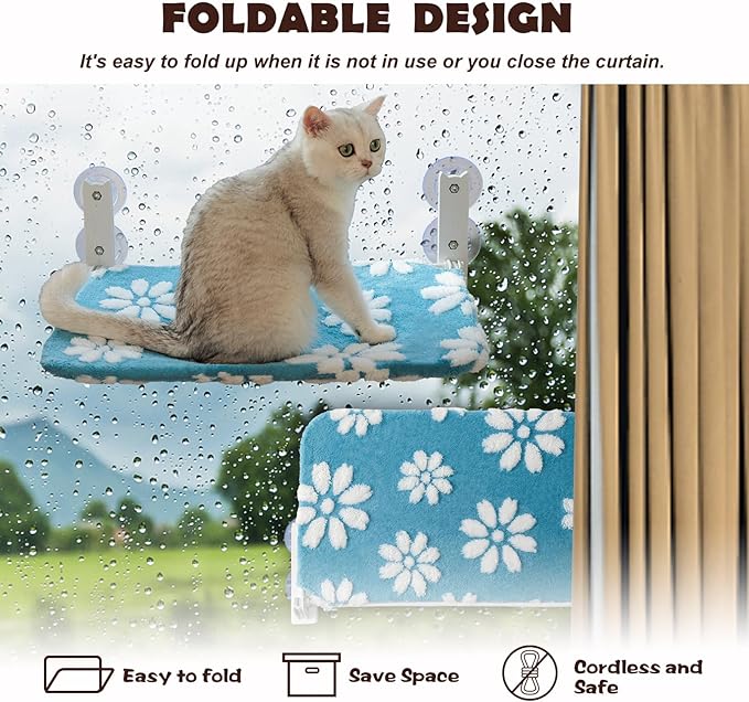 Cat Window Perch, Foldable Cat Window Hammock with Cute 3D Textured Flower Cover, Breathable Mesh Cover and Strong Suction Cups, Cordless Window Seat Bed for Indoor Cats (Blue, Medium)
