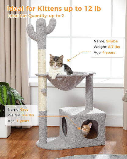 Cactus Cat Tree Cat Scratching Post 40" Cat Tower with Large Metal Carpet Hammock, Cat Scratching Post for Indoor Cats with Condo& Dangling Ball, Grey