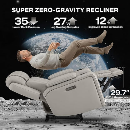 Watson & Whitely Super Zero Gravity Recliner Chair, Oversized Genuine Leather Electric Recliner W Power Adjustable Headrest & Lumbar Support Hidden Storage for Living Room, Light Grey