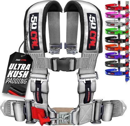 1pc 50 Cal Silver 4 Point Harness 2 inch straps, Racing Harness Seat Belt | Ultra Kush padding, Push Button quick release hardware. Universal Fit for UTV, RZR, race car
