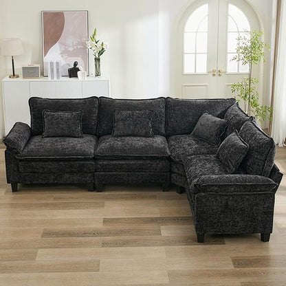 URRED Cloud Couch Modular Sectional Sofa, 116" Modern L Shaped Deep Seat Sofa with Pillows, Ultra Comfy Chenille Corner Couches for Living Room, Bedroom or Apartment, Black