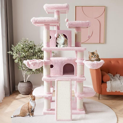 SHA CERLIN 68 Inches Multi-Level Large Cat Tree for Large Kitties/Big Cat Tower with Condo/Cozy Plush ‌Pussycat Perches/Sisal Scratching Posts and Hammocks/Activity Center/Pink