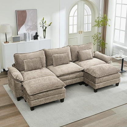 URRED Cloud Couch Modular Sectional Sofa, 122" Modern U Shaped Deep Seat Sofa with 2 Ottomans & Pillows, Ultra Comfy Chenille Couches for Living Room, Bedroom or Apartment, Khaki