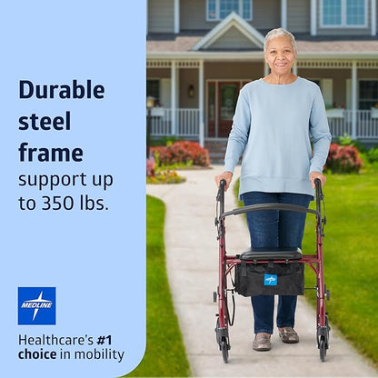 Medline Steel Rollator Walker with Seat, Burgundy, 350 lb. Weight Capacity, 6” Wheels, Foldable, Height Adjustable Handles, Rolling Walker for Seniors, Walker for Mobility Impaired