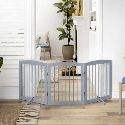 Freestanding Pet Gate for Dogs, Foldable Wooden Dog Gate for House, Indoor Dog Gate for Doorways, Stairs, Gates for Dogs Indoor, Support Feet Included, 24" Height 3 Panels, Grey