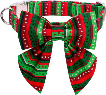 Lionet Paws Christmas Dog Collar with Bowtie, Dog Sailor Bow Collar with Metal Buckle for Dogs, Adjustable Comfortable Dog Collar Girl Gift, XL, Neck 16-26 in