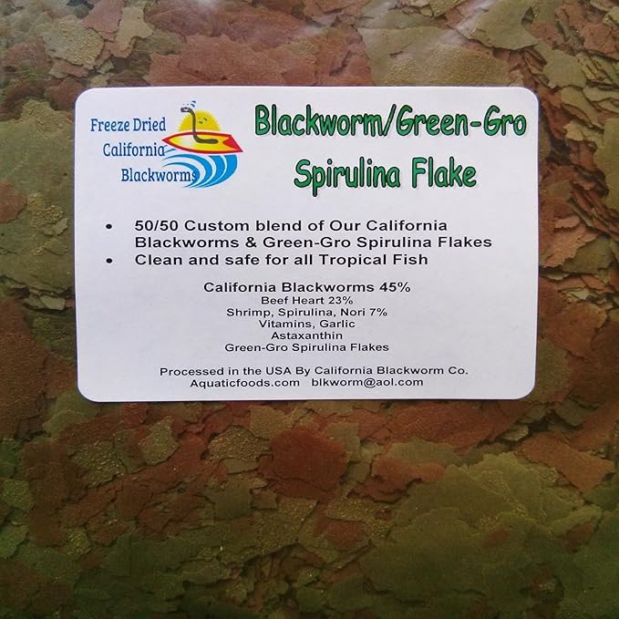 Aquatic Foods Inc. Flakes - 45% California Blackworm & Spirulina Green GRO Flake Mix for Discus, Cichlids, Tetras, Guppies, Live Bearers, Pond Fish, ATropical Fish - Premium AF Flakes - 1-lbs