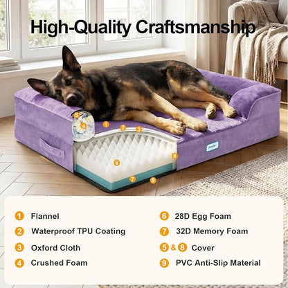 OhGeni Orthopedic Extra Large Dog Bed Couch, Memory Foam, 44-inch (Purple) | Waterproof Pet Bed with Machine-Washable Removable Cover & Soft Comfortable Fabric