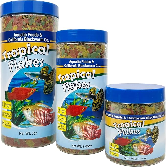 Aquatic Foods Inc. Premium Tropical Fish Flakes, for Angel Fish, Guppies, Live Bearers, Loaches, Gouramis, Cichlids, All Tropical Fish. 12-Type pellets and 4-Type Wafers Included 2.65oz Canister