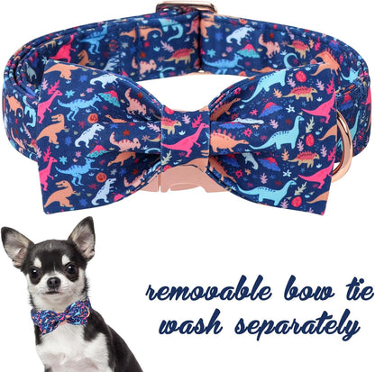 Unique style paws Cartoon Dog Collar with Bow Spring Summer Collar with Flower Dinosaur Park for Small Medium Large Boys Girls Dogs