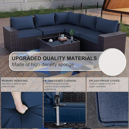 Kullavik Outdoor Patio Furniture Set 6 Pieces Sectional Rattan Sofa Set Brown PE Rattan Wicker Patio Conversation Set with 5 Seat Cushions and 1 Tempered Glass Table,Navy Blue