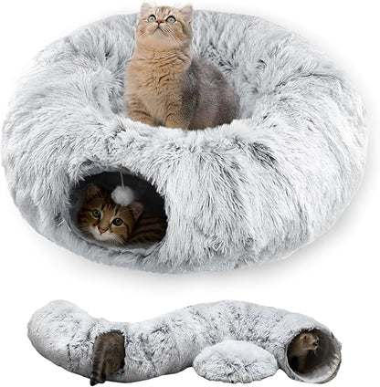 Cat Tunnel Bed for Indoor Cats with Washable Cushion Cat Cave Donut Tunnel with Fluffy Ball Big Round Tube Pet Playground Toys Soft Plush Peekaboo for Kitten, Cat, Puppy, Rabbit, Ferret