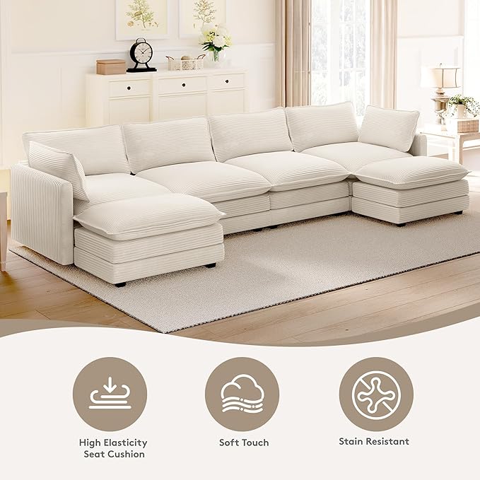 ROWHY 148'' Sectional Cloud Couch with 2 Ottomans, Oversized 4 Seat Sleeper Sofa with 2 Throw Pillows, Convertible Upholstered U Shaped Cozy Sofa Furniture Set for Living Room and Office, Beige