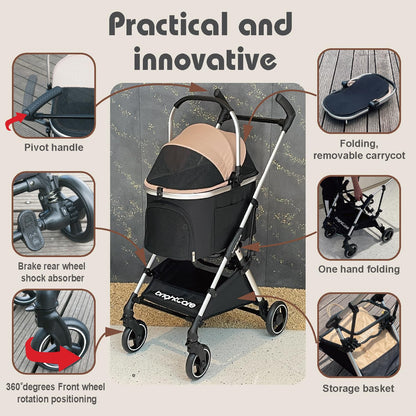 3-in-1 Small Pet Carrier with Stroller for Small Dogs & Cats Under 20 lb – Removable Carrier Converts to Car Seat – Lightweight, One-Hand Fold, No-Zipper Entry