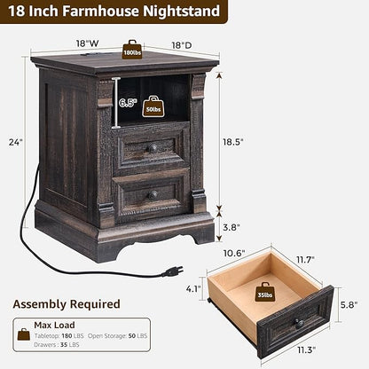 Farmhouse Nightstand with Charging Station, 18" End Table with 2 Drawers Storage and 1 Storage Shelf, Wooden Sofa Side Table w/Roman Column, Bedside Cabinet for Bedroom, Living Room, Dark Rustic Oak