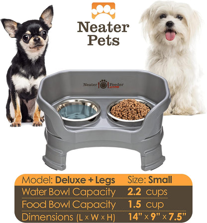 Neater Feeder Deluxe Mess Proof Dog Bowls Elevated for Small Breeds – Made in USA – No Spill Raised Dog Food Bowl Stand w/Leg Extensions – Stainless Steel Dog Food and Water Bowl Set – Grey