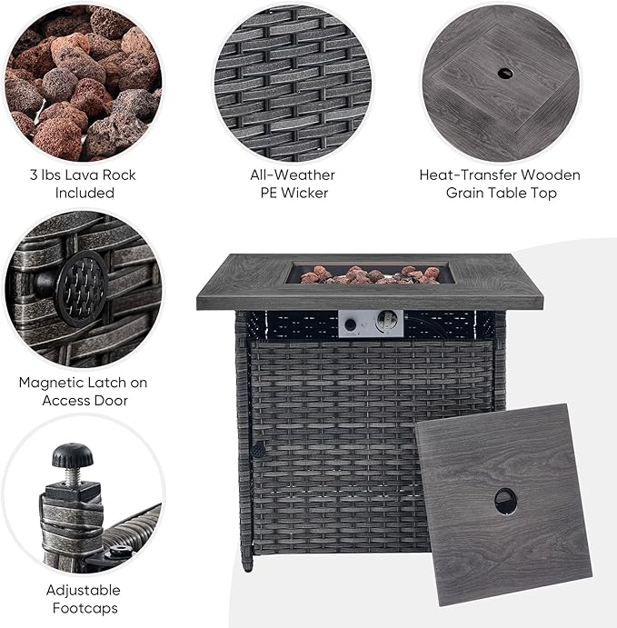 Belord 5 Pieces Patio Wicker Furniture Set - 4 Outdoor Swivel Rocker Glider Chairs with Propane Fire Pit Table, Patio Conversation Set Grey Cushion Perfect for Casual Gathering