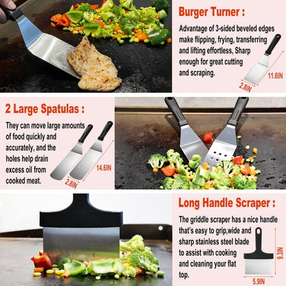 38PCS Flat Top Grill Accessories Set - Must Have for Your Outdoor with Professional Griddle Spatula, Cleaning Kit, Grill Basting Cover - Ideal Griddle Gift for Men Women